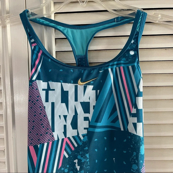 Nike Swimwear Girls Blue Mash Up Sporty Racerback One-Piece Swimsuit Sz 10-12 - Picture 2 of 11